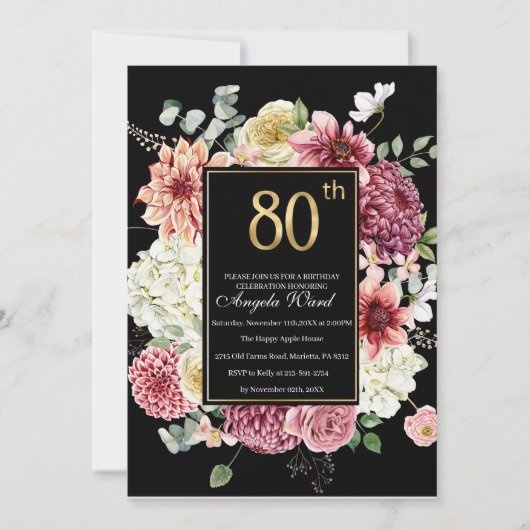 エレガントな誕生日パーティー 花のグリッター 80歳 招待状 (正面)