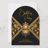 エレガントな誕生日ブラックゴールドジュエル生地 招待状 (正面)
