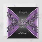 エレガントな誕生日ブラックパープルジュエルシルバー 招待状 (正面)