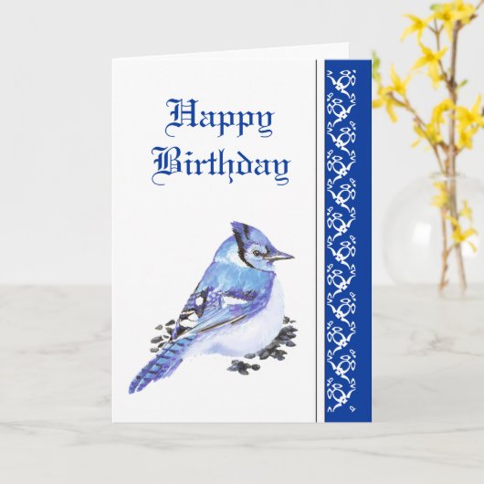 エレガントな誕生日、アオカケスの鳥の自然の野性生物 カード (黄色い花)