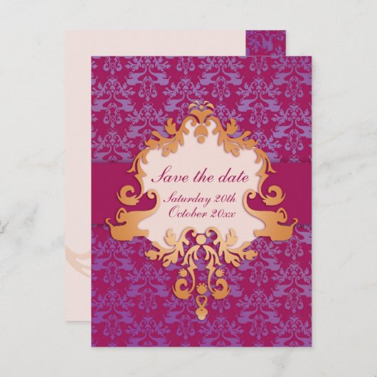 エレガントな象の保存日付の紫色または金ゴールドカード 案内ポストカード (正面/裏面)