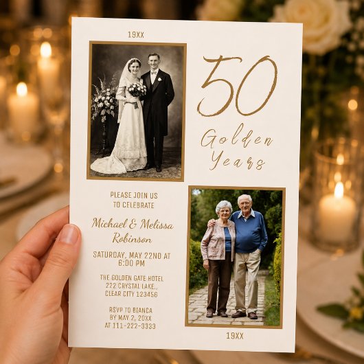 エレガントな象牙色とゴールドの50周年結婚記念 招待状