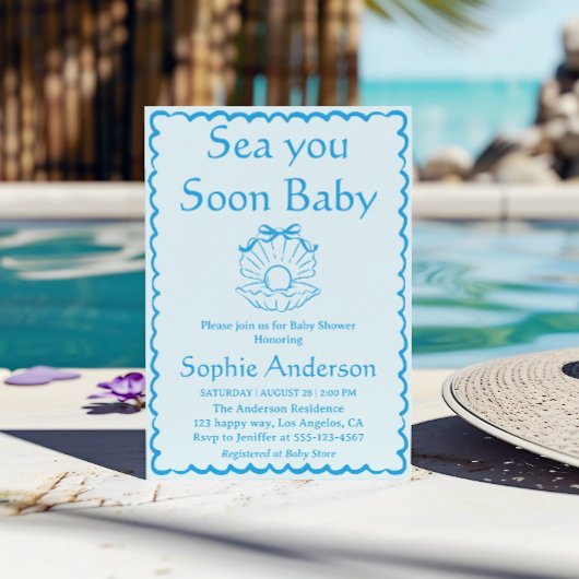 エレガントな貝殻の「Sea You Soon Baby Shower」 招待状