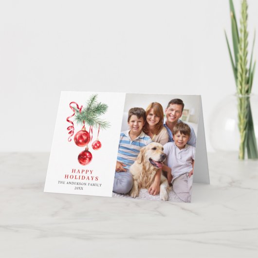 エレガントな赤いオーナメントのクリスマスグリーティング2枚セット シーズンカード (正面)