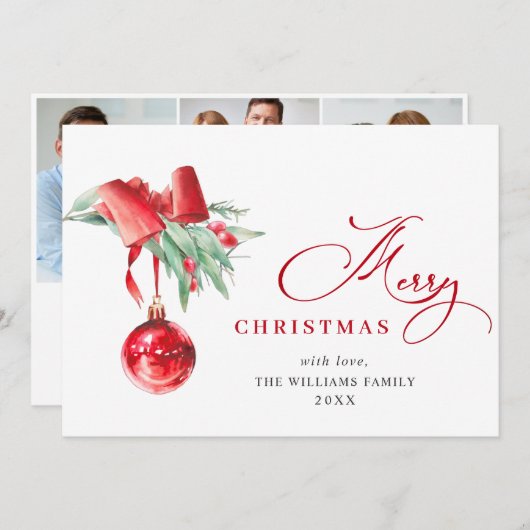 エレガントな赤いオーナメントのクリスマスグリーティング3枚の写真 シーズンカード (正面/裏面)