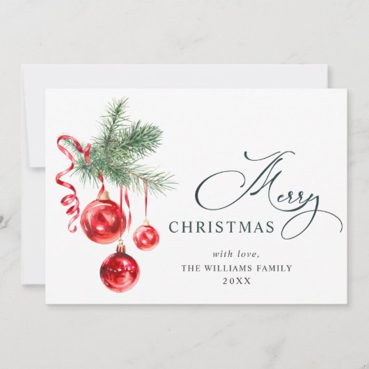 エレガントな赤いオーナメントのクリスマスグリーティング3枚の写真 シーズンカード (正面)