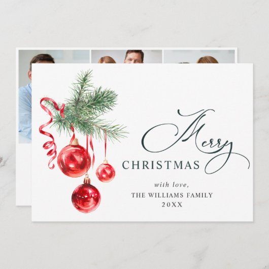 エレガントな赤いオーナメントのクリスマスグリーティング3枚の写真 シーズンカード (正面/裏面)