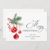 エレガントな赤いオーナメントのクリスマスグリーティング シーズンカード (正面/裏面)