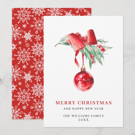 エレガントな赤いオーナメントのクリスマスグリーティング シーズンカード (正面/裏面)