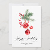 エレガントな赤いオーナメントのクリスマスグリーティング シーズンカード (正面)