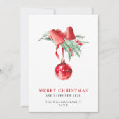 エレガントな赤いオーナメントのクリスマスグリーティング シーズンカード (正面)