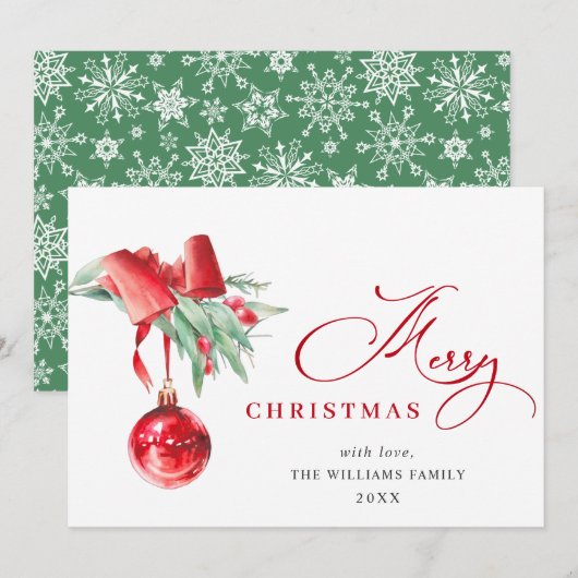 エレガントな赤いオーナメントのクリスマスグリーティング シーズンカード (正面/裏面)