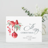 エレガントな赤いオーナメントのクリスマスグリーティング シーズンカード (スタンド正面)