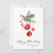 エレガントな赤いオーナメントのクリスマスグリーティング シーズンカード (正面)