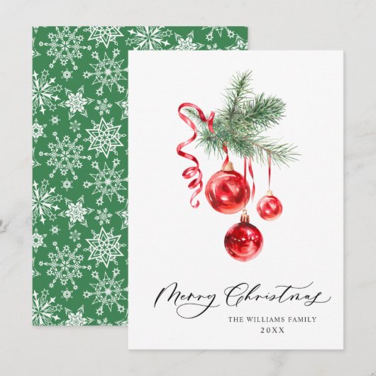 エレガントな赤いオーナメントのクリスマスグリーティング シーズンカード (正面/裏面)