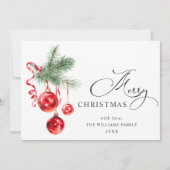 エレガントな赤いオーナメントのクリスマスグリーティング シーズンカード (正面)