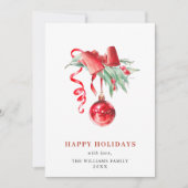 エレガントな赤いオーナメントのクリスマスグリーティング シーズンカード (正面)