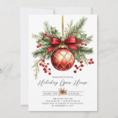 エレガントな赤いオーナメントのホリデー・オープンハウス招待状 招待状 (正面)