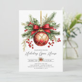 エレガントな赤いオーナメントのホリデー・オープンハウス招待状 招待状 (スタンド正面)