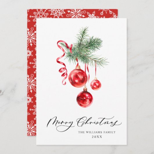 エレガントな赤いオーナメント 楽しいクリスマスの挨 シーズンカード (正面/裏面)