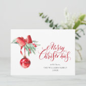 エレガントな赤いオーナメント 楽しいクリスマスの挨 シーズンカード (スタンド正面)