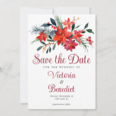 エレガントな赤いクリスマスのポインセチア　Save the Date 招待状 (正面)