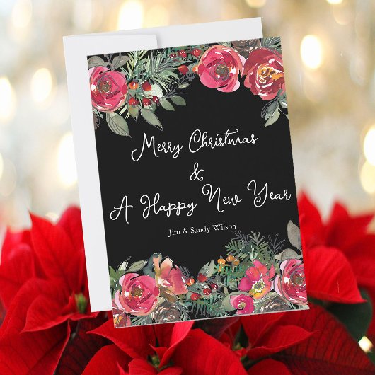 エレガントな赤いクリスマスの花を黒い背景に シーズンカード