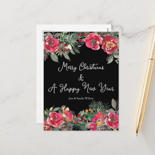 エレガントな赤いクリスマスの花 黒い背景 シーズンポストカード (正面/裏面インサイチュ)