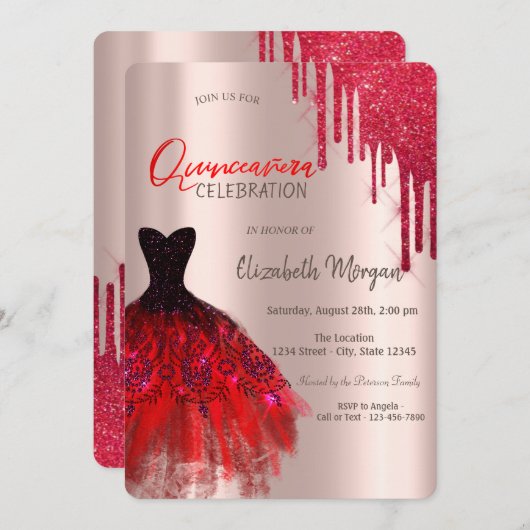 エレガントな赤いグリッターが滴るドレスのキンセアニエラ 招待状 (正面/裏面)