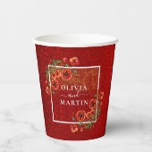 エレガントな赤いグリッター ポピー ブルーム ウェディング ペーパー カップ 紙コップ (正面)