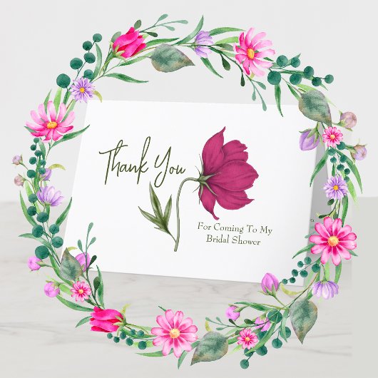 エレガントな赤いコスモスの花のブライダルシャワーのお礼カード サンキューカード