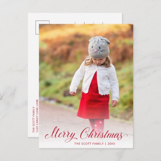 エレガントな赤いスクリプトの写真 現代のクリスマス シーズンポストカード (正面/裏面)