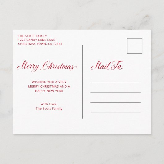 エレガントな赤いスクリプトの写真 現代のクリスマス シーズンポストカード (裏面)