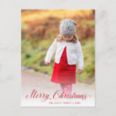 エレガントな赤いスクリプトの写真 現代のクリスマス シーズンポストカード (正面)