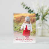 エレガントな赤いスクリプトの写真 現代のクリスマス シーズンポストカード (スタンド正面)