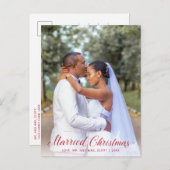 エレガントな赤いスクリプトの写真 現代の新婚夫婦のためのクリスマス シーズンポストカード (正面/裏面)