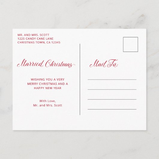 エレガントな赤いスクリプトの写真 現代の新婚夫婦のためのクリスマス シーズンポストカード (裏面)