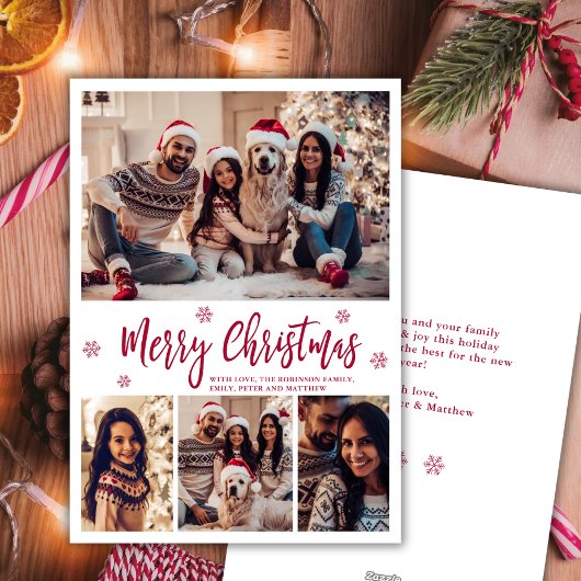 エレガントな赤いスクリプトの雪の結晶4枚の写真のクリスマスカード シーズンカード