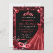 エレガントな赤いドレスのマスカレード誕生日 招待状 (正面)