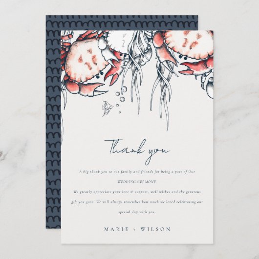 エレガントな赤いネイビー色の水中カニの海洋結婚式 サンキューカード (正面/裏面)
