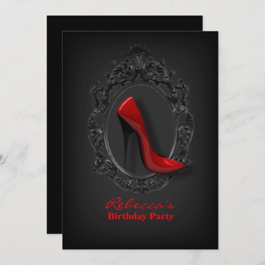 エレガントな赤いハイヒール モダン ガーリー 誕生日パーティー 招待状 (正面/裏面)