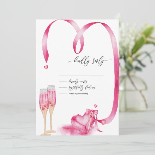 エレガントな赤いハートのチャンピングラスへの返信 招待状 (スタンド正面)