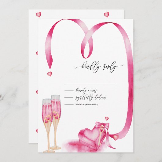 エレガントな赤いハートのチャンピングラスへの返信 招待状 (正面/裏面)