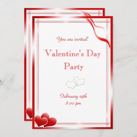 エレガントな赤いハートのバレンタインデーのパーティー 招待状 (正面/裏面)
