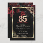 エレガントな赤いバラがフレームに飾られた黒の85歳の誕生日 招待状 (正面/裏面)