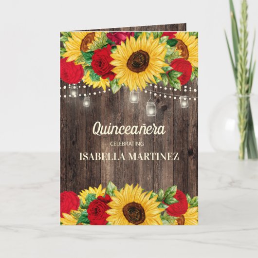 エレガントな赤いバラとひまわりのQuinceañera カード (正面)
