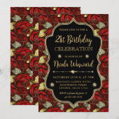 エレガントな赤いバラのステンドグラス 21歳の誕生日 招待状 (正面/裏面)