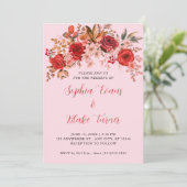 エレガントな赤いバラの花のソフトピンクのウェディング 招待状 (スタンド正面)