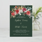 エレガントな赤いバラの花束 ダークグリーンのウェディング 招待状 (スタンド正面)