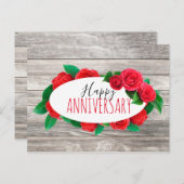 エレガントな赤いバラの花輪 - 木製背景 - ハッピーアニバーサリー ポストカード (正面/裏面)